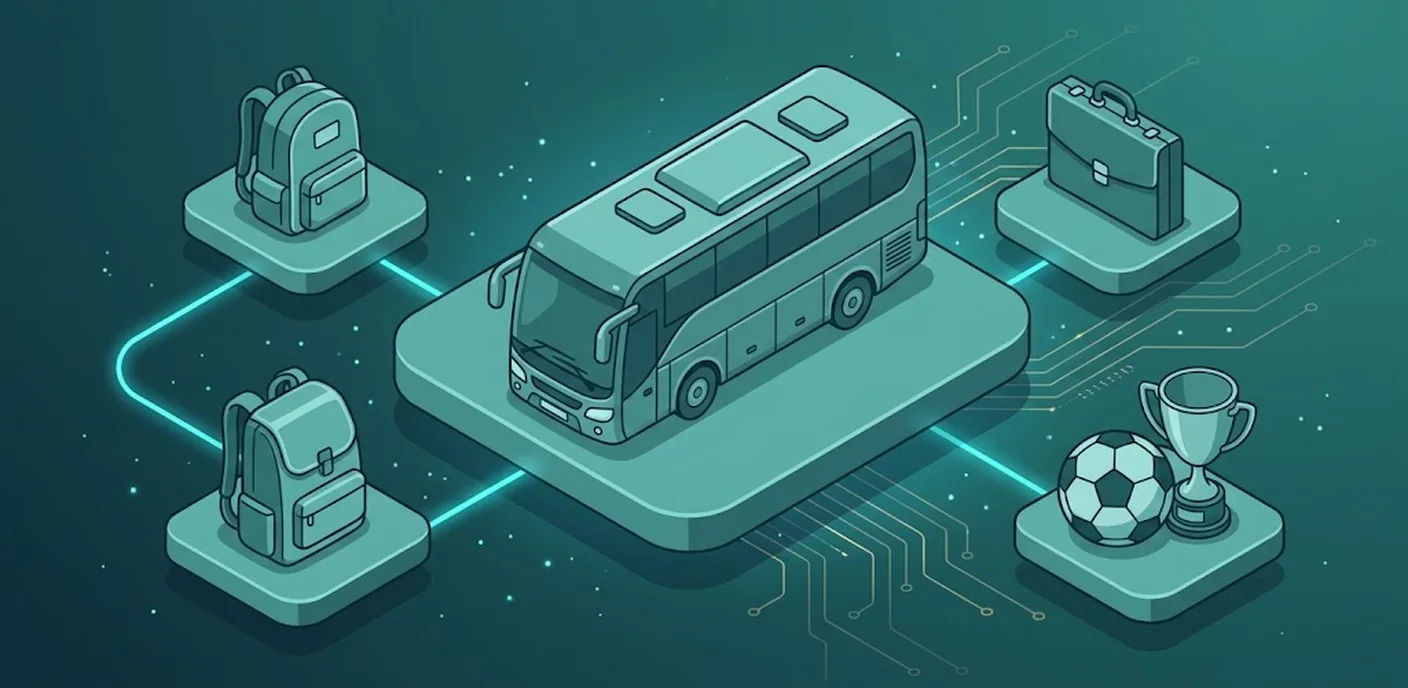 Reisebus für 25 bis 30 Personen, umgeben von Symbolen für Klassenfahrt, Betriebsausflug und Mannschaftsfahrt.