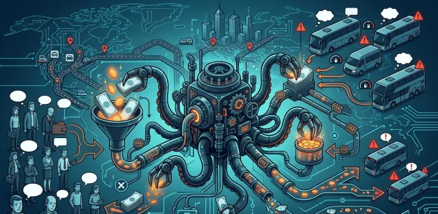 Illustration eines Vermittler-Krakens, der zwischen Kunden auf der einen und Busunternehmen auf der anderen Seite sitzt und Anfragen, Geld und Informationen umleitet – Sinnbild für klassische Busagenturen mit hohen Margen und langen E-Mail-Schleifen.