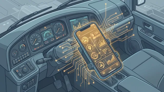 Busly Fahrer App auf einem Smartphone: zugewiesene Touren, laufende Fahrzeit und Stopp-Timeline auf einer Oberfläche.
