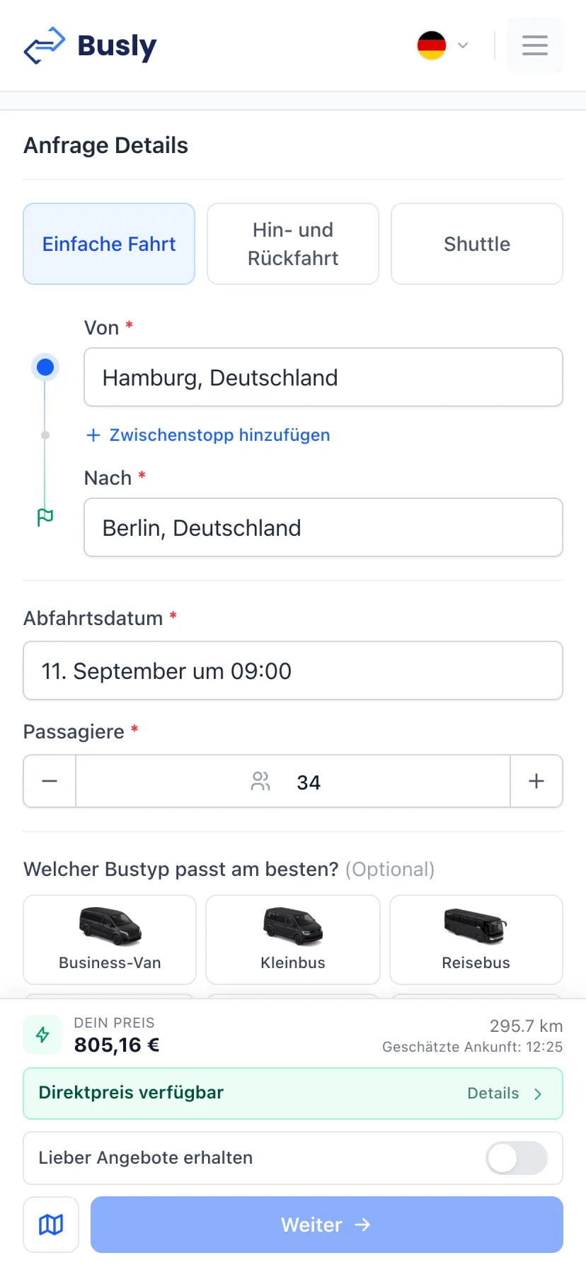 Busly Anfrageformular auf dem Smartphone