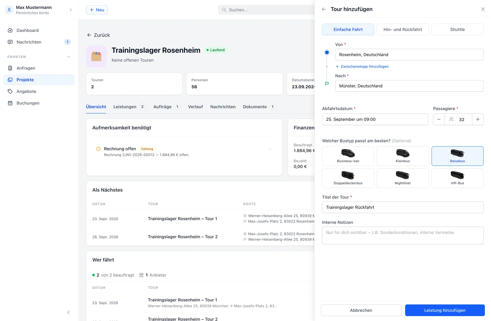 Busly Projektansicht mit ausgeschriebenen Positionen und eingegangenen Angeboten im Browser