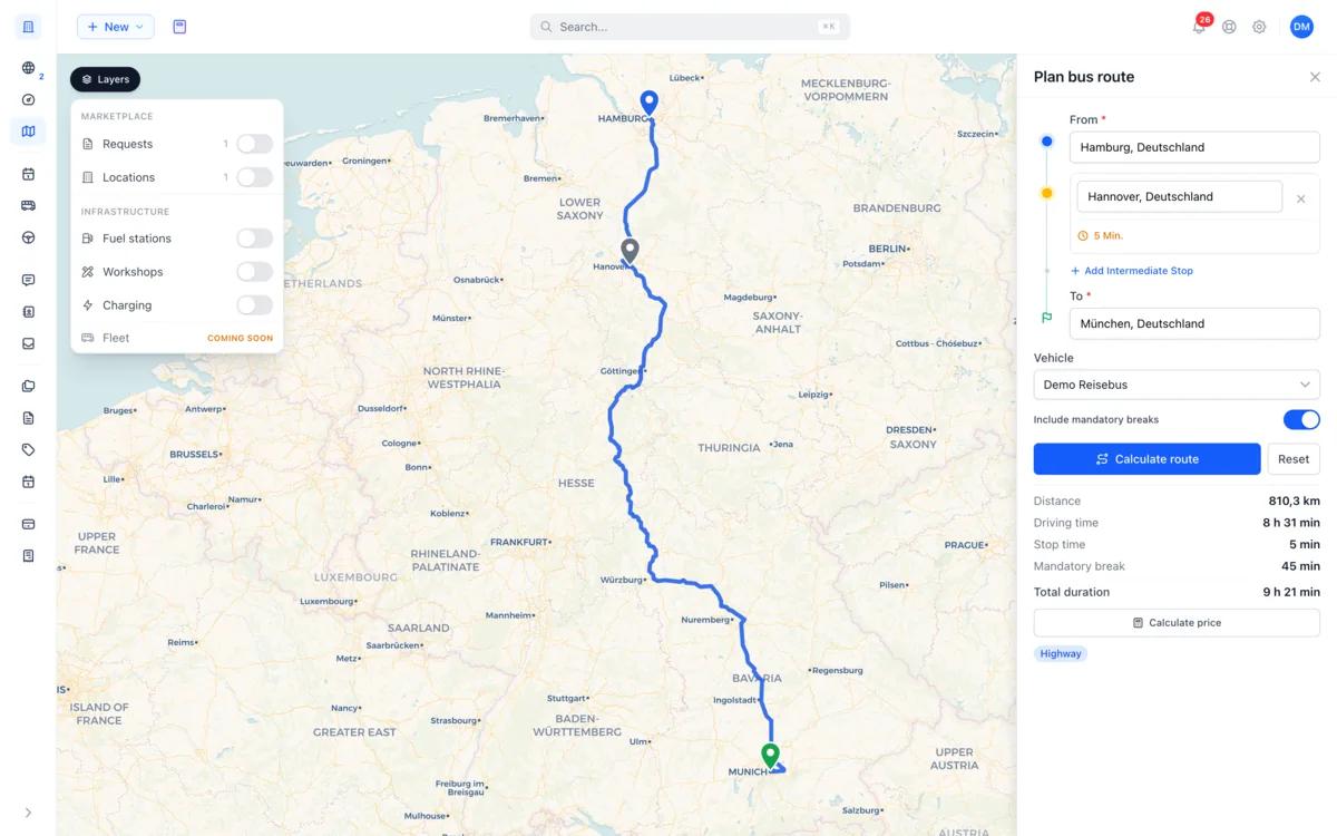 Busly map showing a calculated coach route with stops and layers