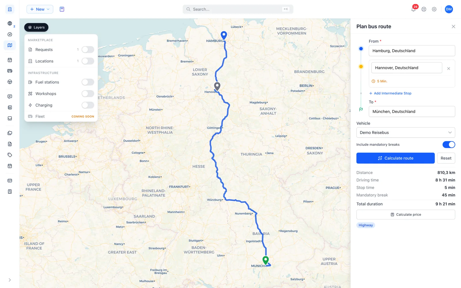 Busly map showing a calculated coach route with stops and layers