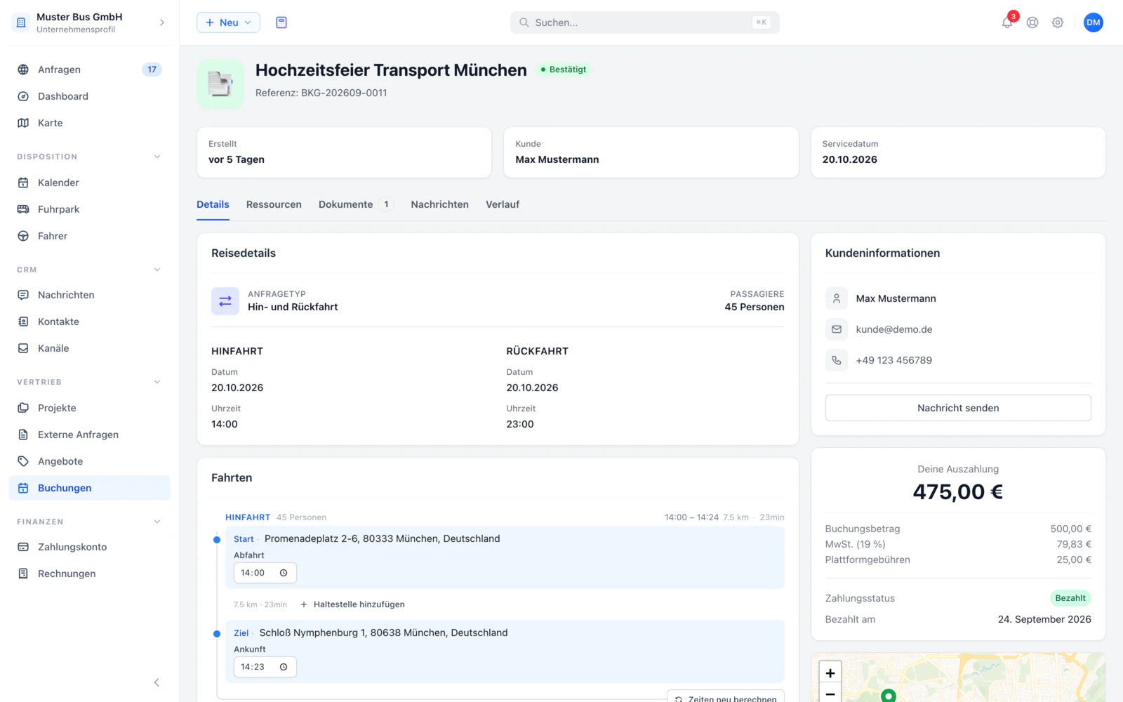 Busly Dispositionsplan mit Fahrzeugen, Buchungen und Angebotsdetails im Browser