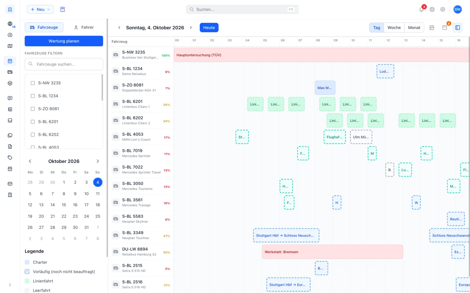 Busly Dispositionsplan mit Fahrzeugen, Buchungen und Angebotsdetails im Browser