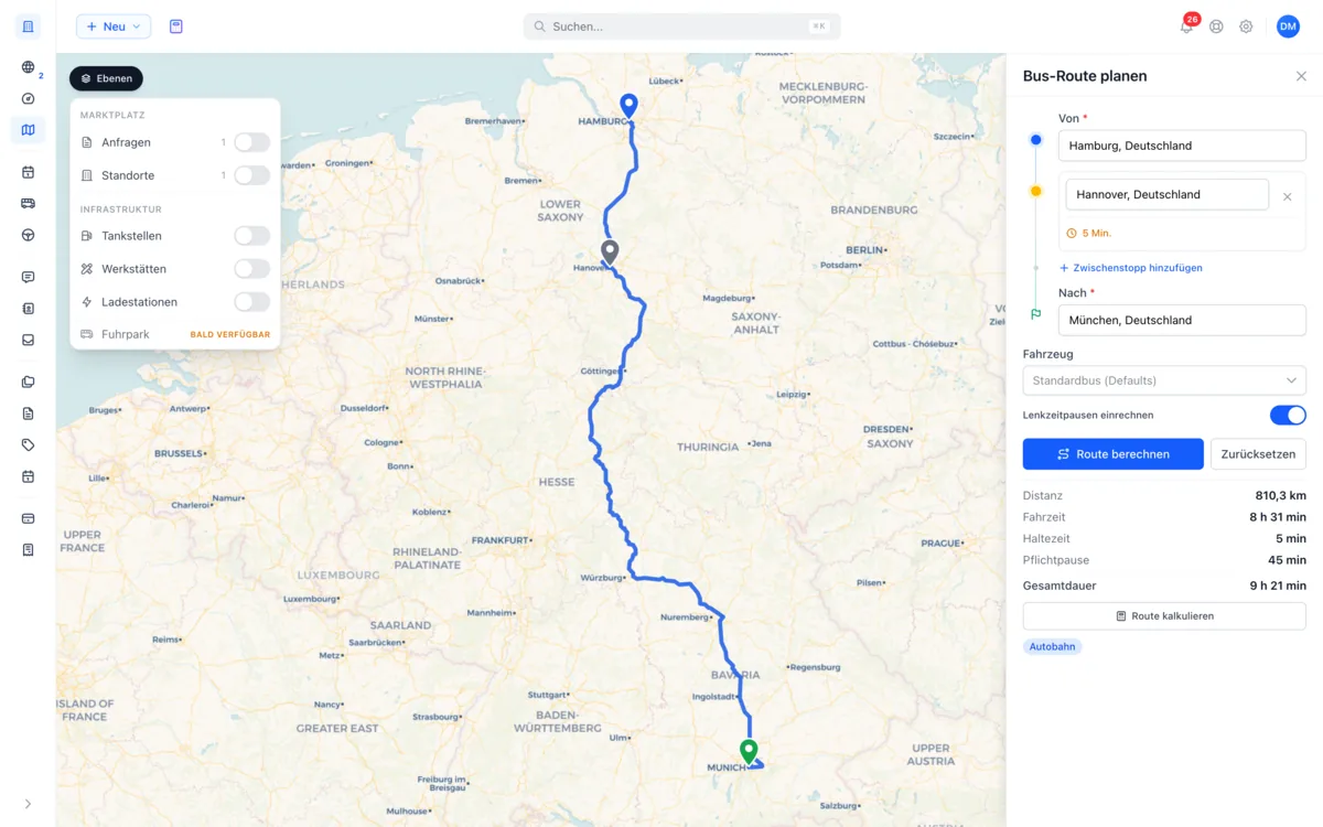 Busly Karte mit berechneter Busroute, Zwischenstopps und Ebenen